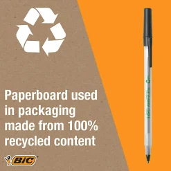 BIC® ReVolution Round Stic Pens, Medium Point, 1.0 mm, 74% Recycled, Semi-Clear Barrel, Black Ink, Pack Of 10 Pens