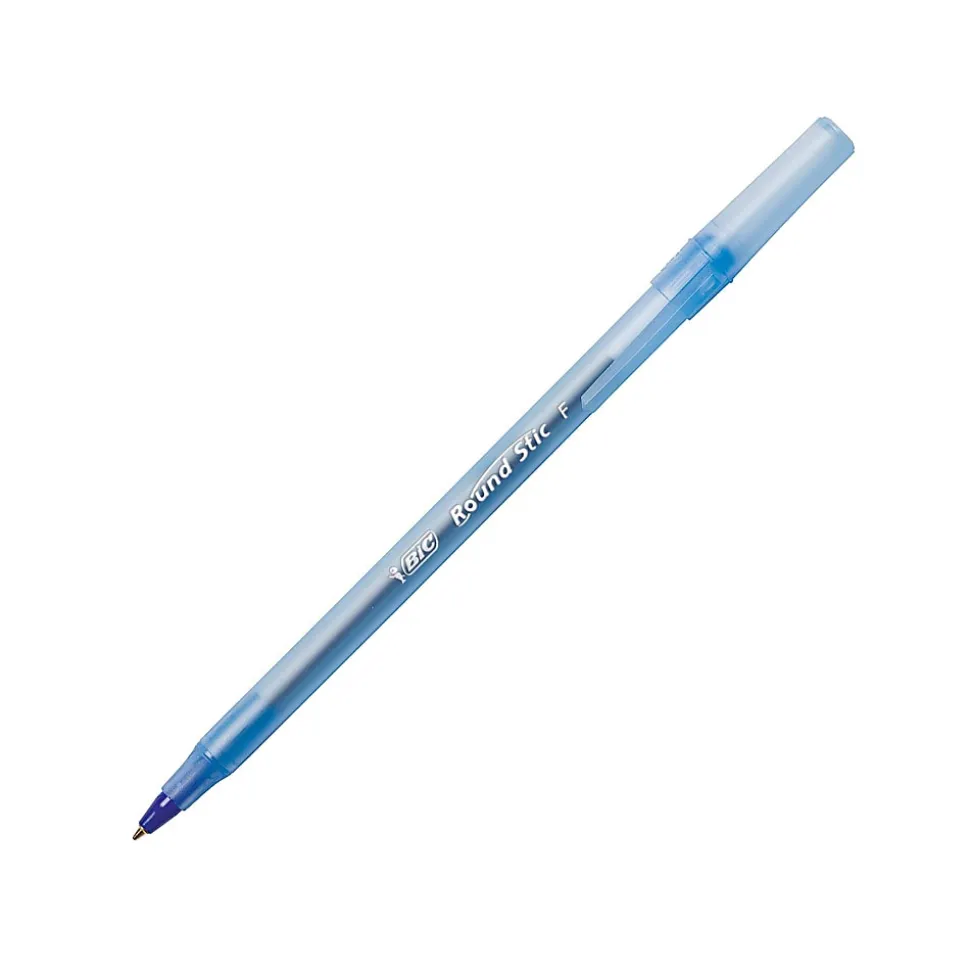 BIC® Round Stic® Ballpoint Pens, Fine Point, 0.8 mm, Translucent Barrel, Blue Ink, Pack Of 12