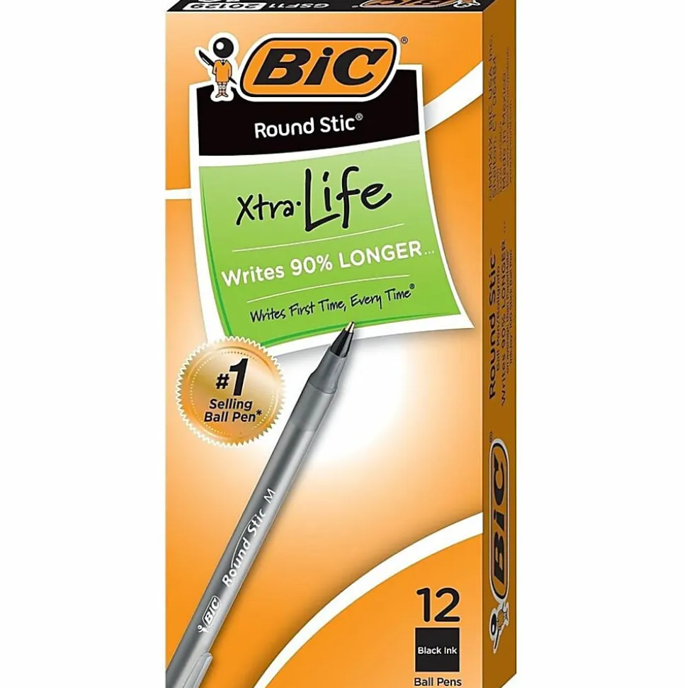 BIC Round Stic Ballpoint Pens, Medium Point, 1.0 mm, Translucent Barrel, Black Ink, Pack Of 12