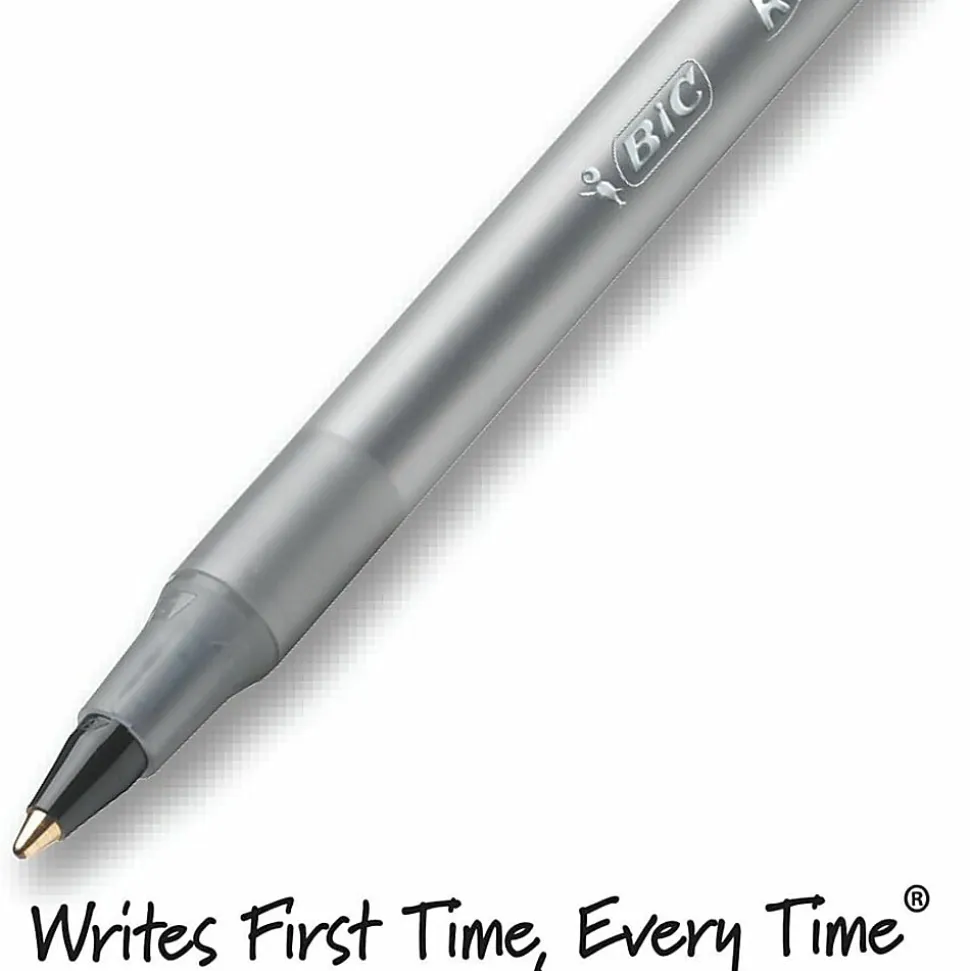 BIC Round Stic Ballpoint Pens, Medium Point, 1.0 mm, Translucent Barrel, Black Ink, Pack Of 12
