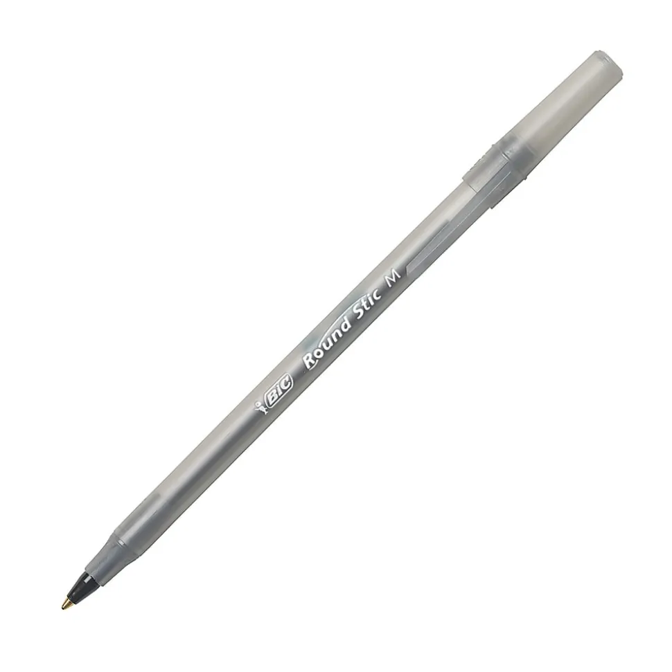 BIC Round Stic Ballpoint Pens, Medium Point, 1.0 mm, Translucent Barrel, Black Ink, Pack Of 12
