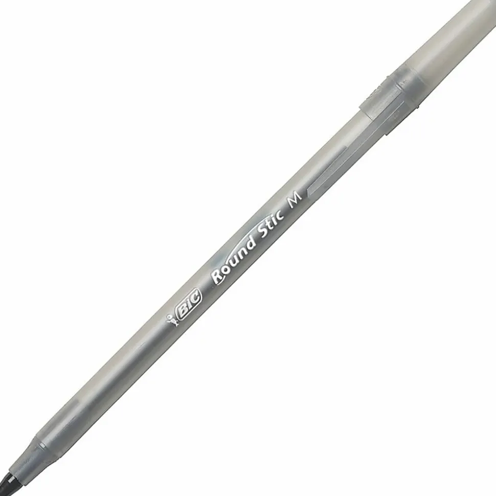 BIC Round Stic Ballpoint Pens, Medium Point, 1.0 mm, Translucent Barrel, Black Ink, Pack Of 12