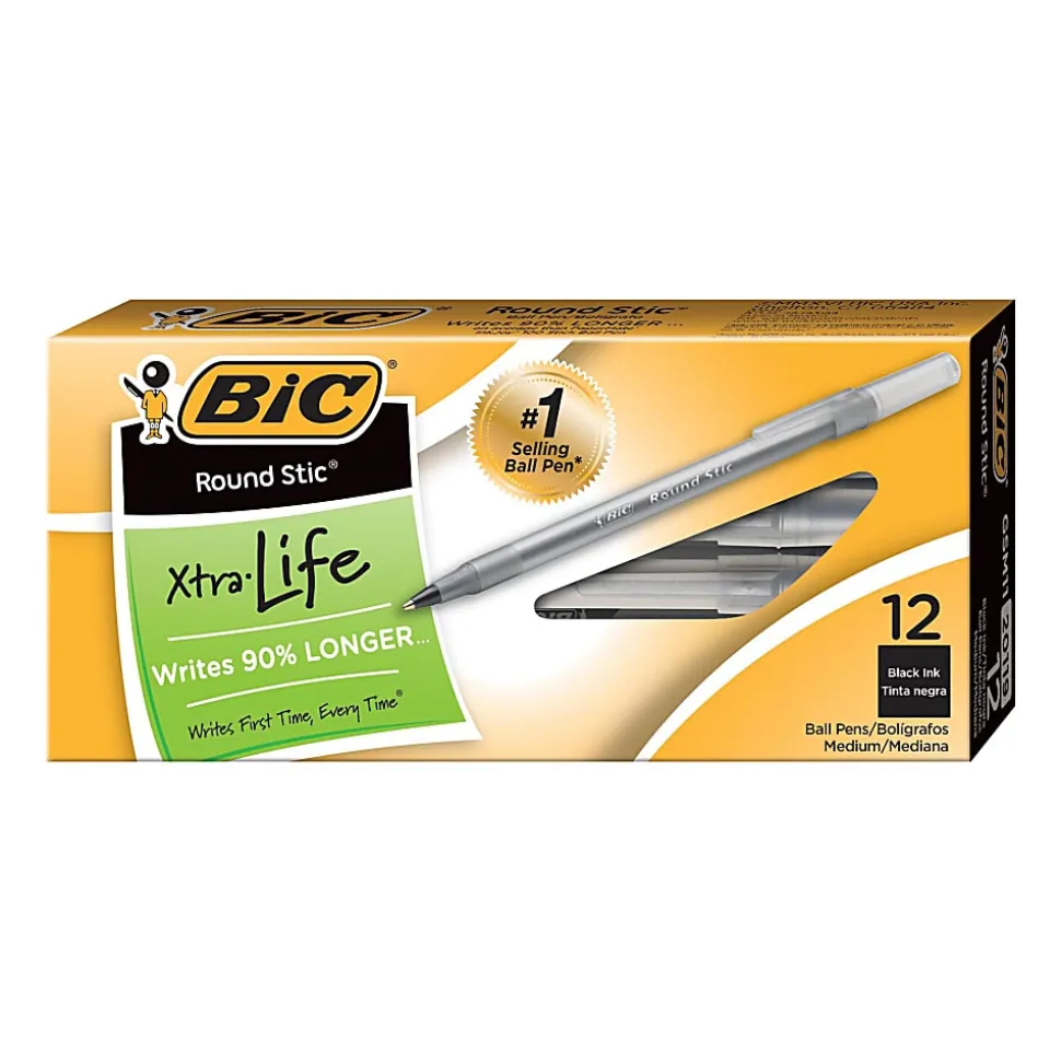 BIC Round Stic Ballpoint Pens, Medium Point, 1.0 mm, Translucent Barrel, Black Ink, Pack Of 12