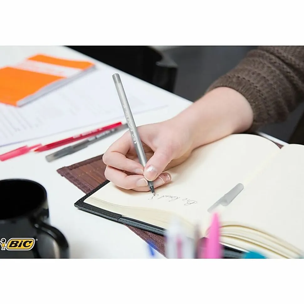 BIC Round Stic Ballpoint Pens, Medium Point, 1.0 mm, Translucent Barrel, Black Ink, Pack Of 12