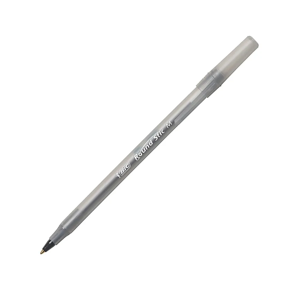 BIC Round Stic Ballpoint Pens, Medium Point, 1.0 mm, Translucent Barrel, Black Ink, Pack Of 12