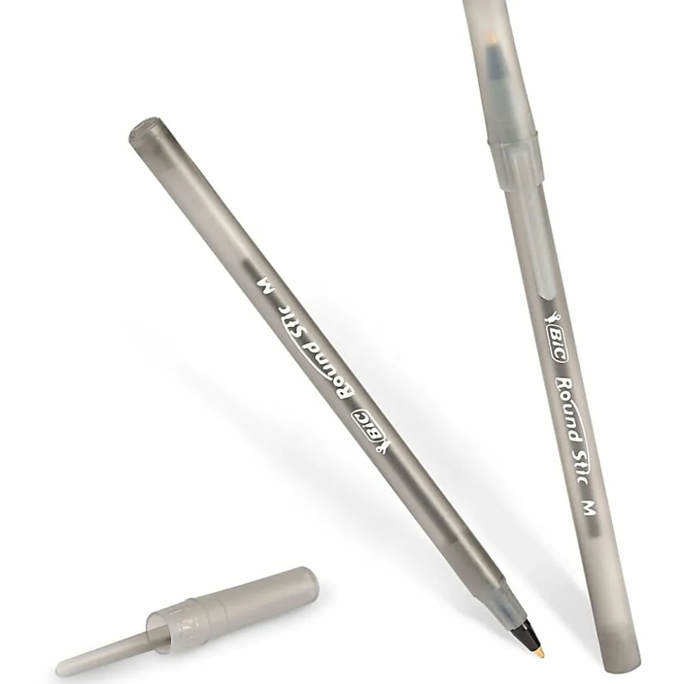BIC Round Stic Ballpoint Pens, Medium Point, 1.0 mm, Translucent Barrel, Black Ink, Pack Of 12