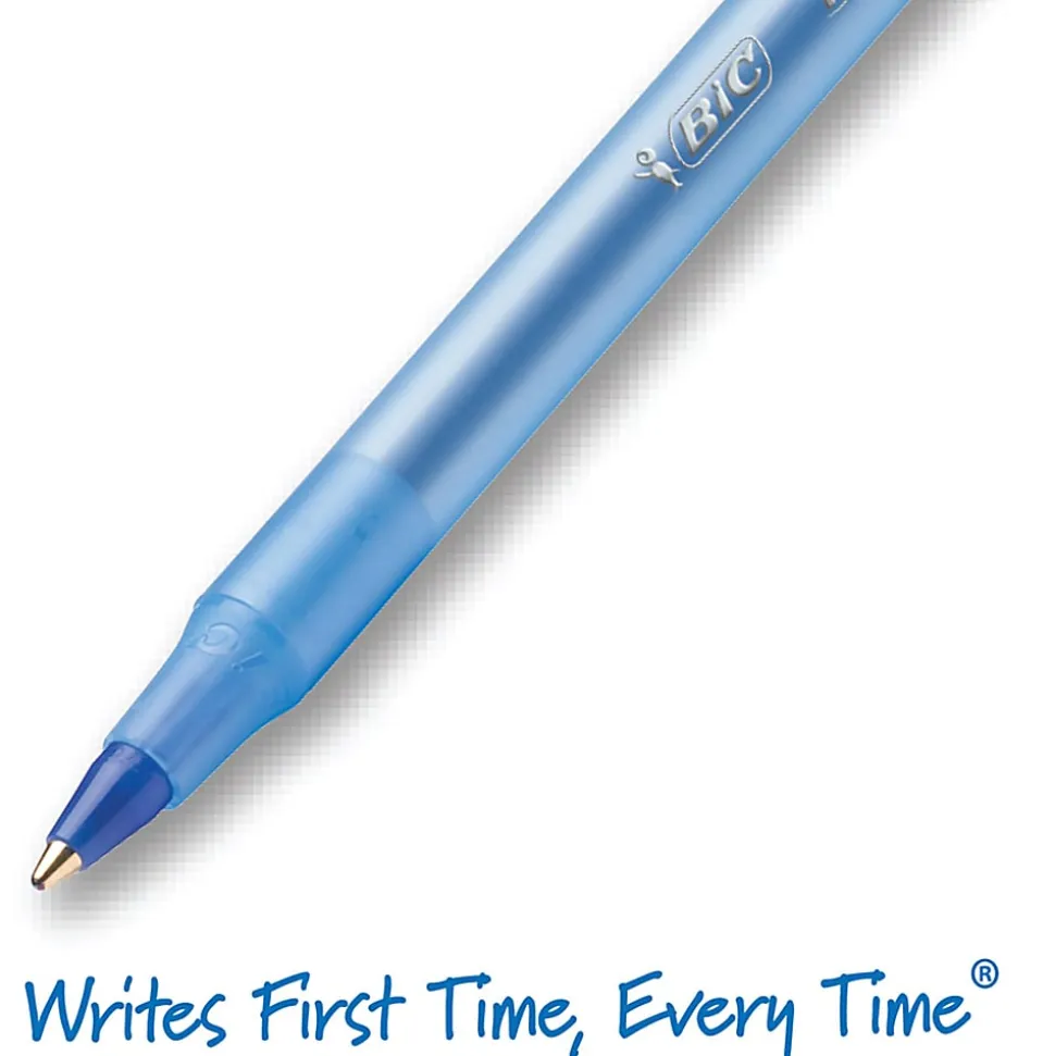 BIC Round Stic Ballpoint Pens, Medium Point, 1.0 mm, Translucent Barrel, Blue Ink, Pack Of 12