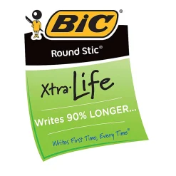 BIC Round Stic Ballpoint Pens, Medium Point, 1.0 mm, Translucent Barrel, Blue Ink, Pack Of 12