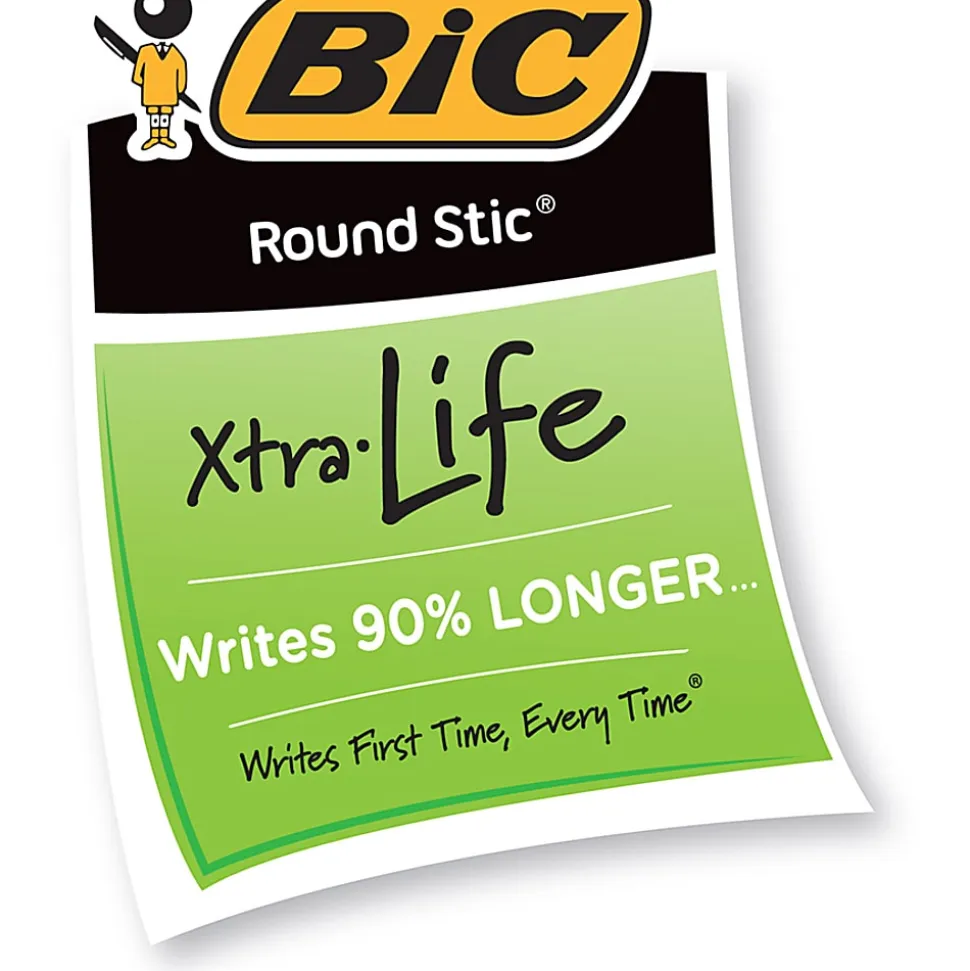 BIC Round Stic Ballpoint Pens, Medium Point, 1.0 mm, Translucent Barrel, Blue Ink, Pack Of 12