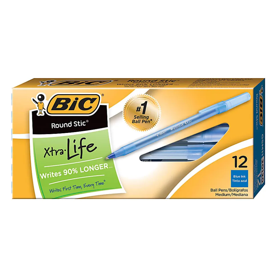 BIC Round Stic Ballpoint Pens, Medium Point, 1.0 mm, Translucent Barrel, Blue Ink, Pack Of 12