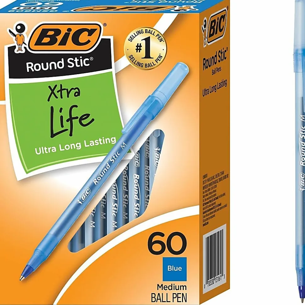 BIC Round Stic Ballpoint Pens, Medium Point, 1.0 mm, Translucent Barrel, Blue Ink, Box Of 60