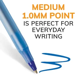 BIC Round Stic Ballpoint Pens, Medium Point, 1.0 mm, Translucent Barrel, Blue Ink, Box Of 60