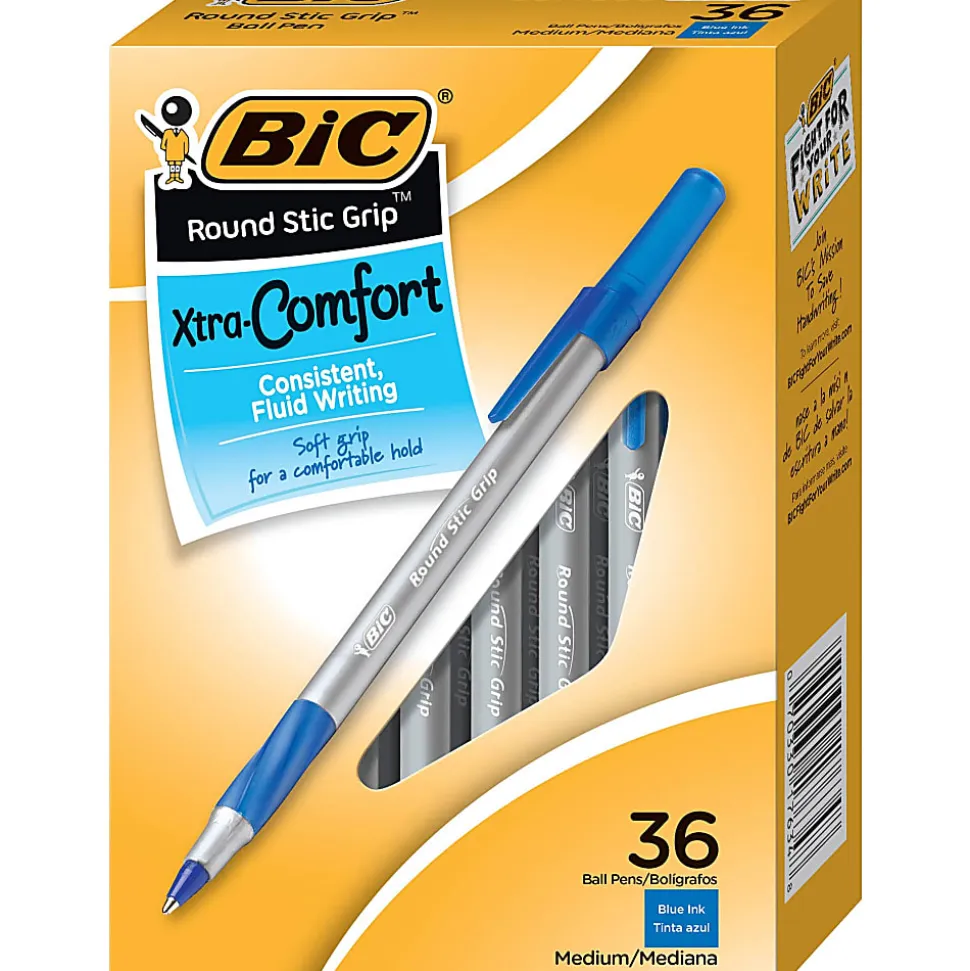 BIC® Round Stic Grip Ballpoint Pens, Medium Point, 1.2 mm, Blue Ink, Pack Of 36 Pens