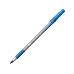 BIC® Round Stic Grip⢠Xtra-Comfort Ballpoint Pens, Fine Point, 0.8 mm, Gray Barrel, Blue Ink, Pack Of 12