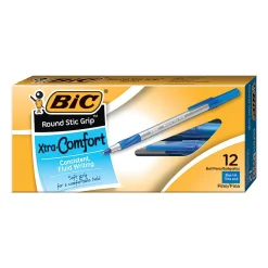 BIC® Round Stic Grip™ Xtra-Comfort Ballpoint Pens, Fine Point, 0.8 mm, Gray Barrel, Blue Ink, Pack Of 12