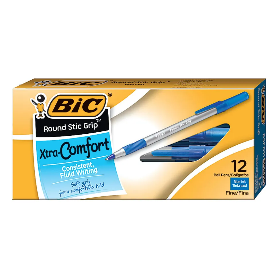 BIC® Round Stic Grip™ Xtra-Comfort Ballpoint Pens, Fine Point, 0.8 mm, Gray Barrel, Blue Ink, Pack Of 12