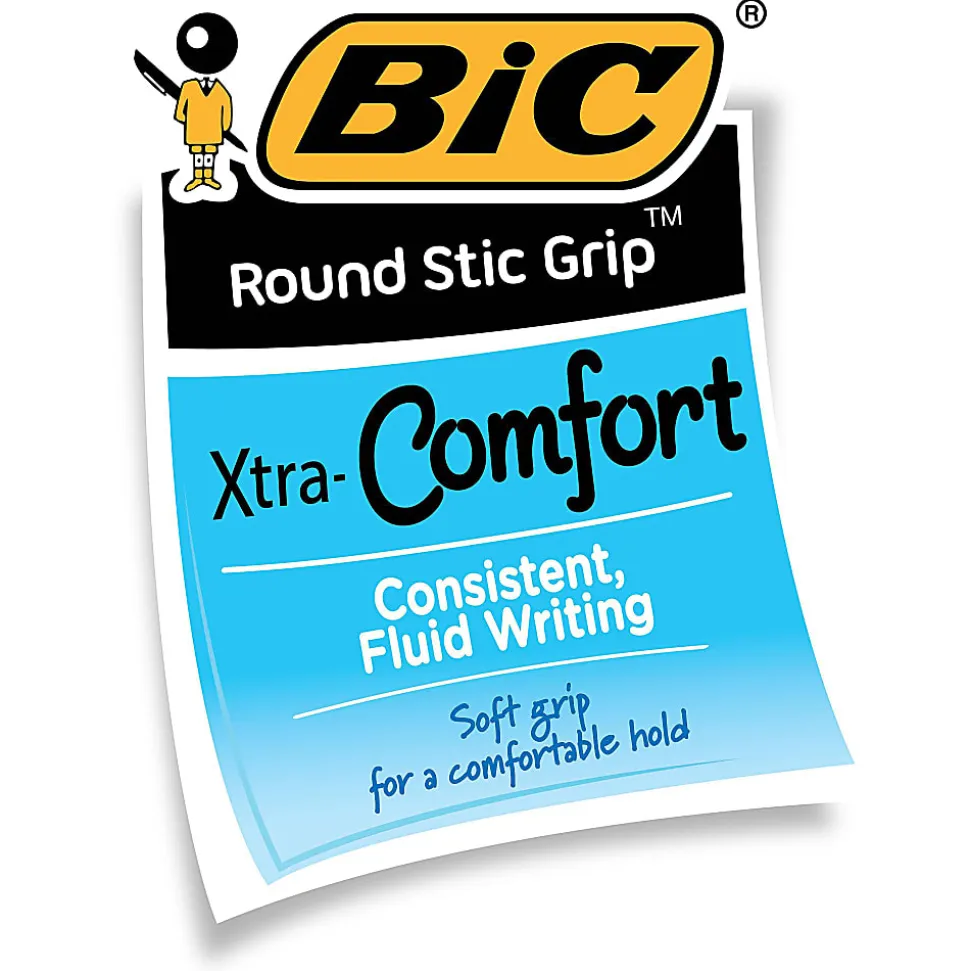 BIC® Round Stic Grip™ Xtra-Comfort Ballpoint Pens, Fine Point, 0.8 mm, Gray Barrel, Blue Ink, Pack Of 12
