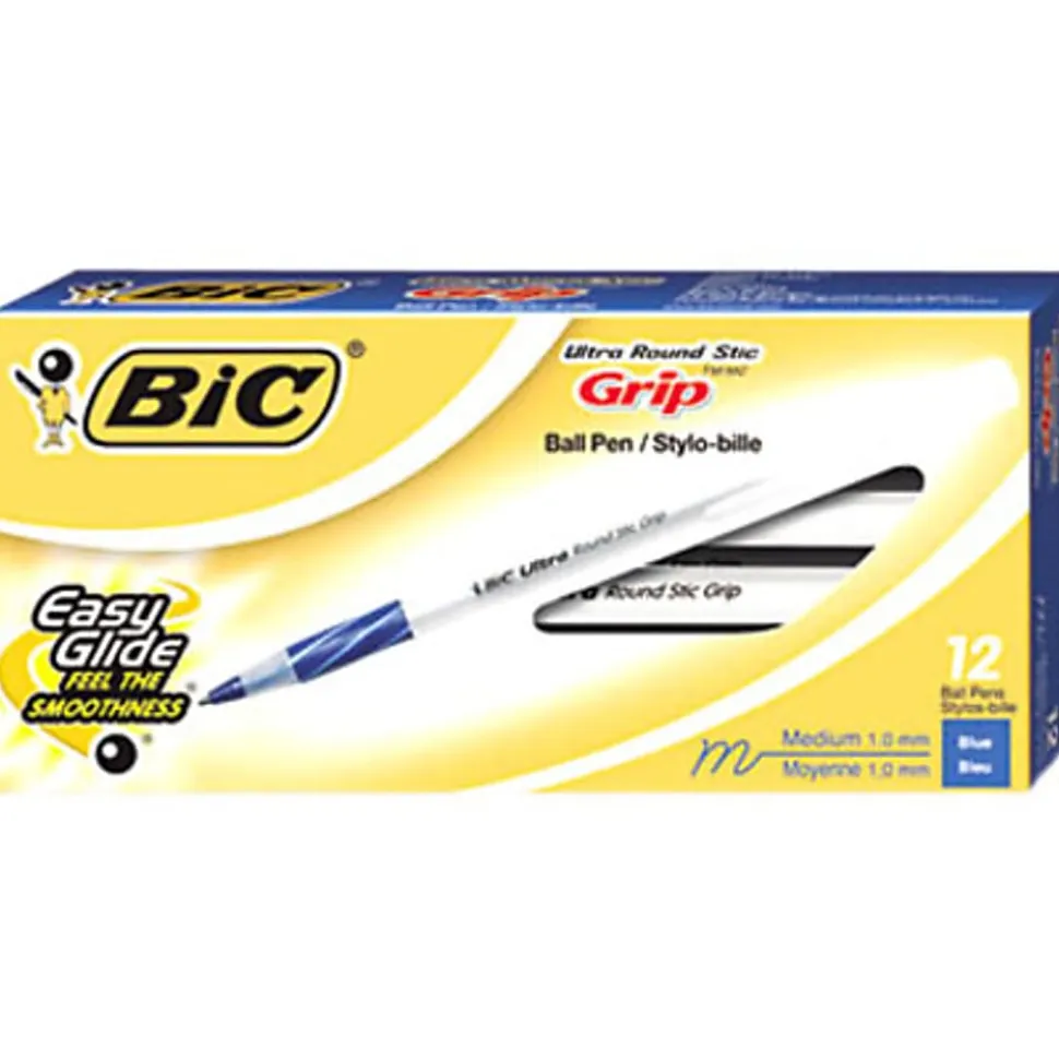 BIC Round Stic Grip Xtra Comfort Ballpoint Pens, Medium Point, 1.2 mm, Gray Barrel, Blue Ink, Pack Of 12 Pens