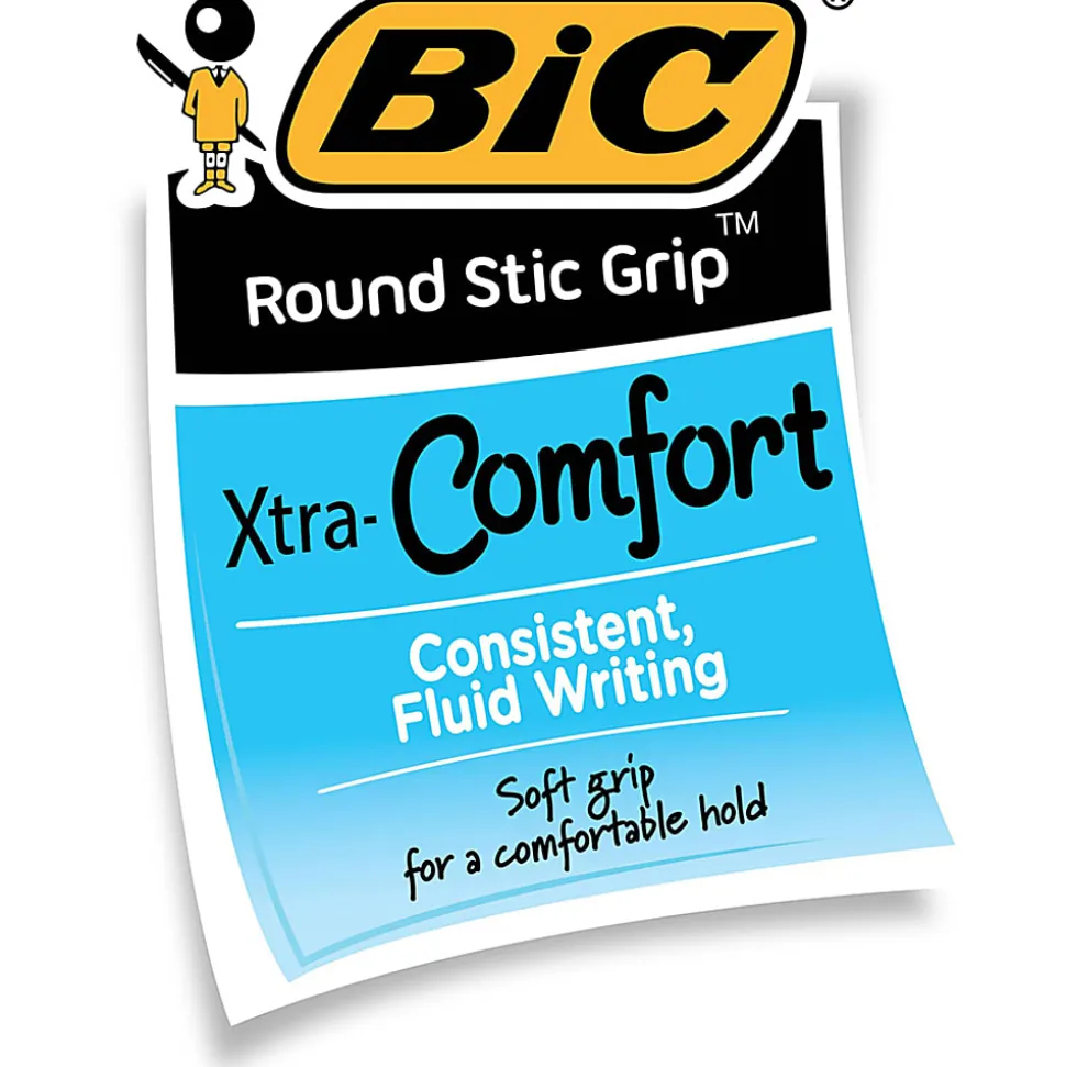 BIC Round Stic Grip Xtra Comfort Ballpoint Pens, Medium Point, 1.2 mm, Gray Barrel, Blue Ink, Pack Of 12 Pens
