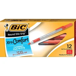 BIC Round Stic Grip Xtra Comfort Ballpoint Pens, Medium Point, 1.2 mm, Gray Barrel, Red Ink, Pack Of 12 Pens