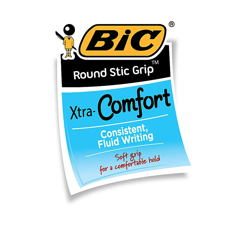 BIC Round Stic Grip Xtra Comfort Ballpoint Pens, Medium Point, 1.2 mm, Gray Barrel, Red Ink, Pack Of 12 Pens