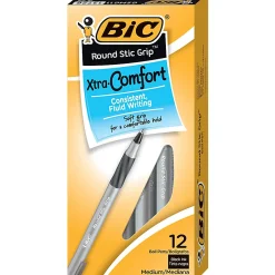 BIC Round Stic Grip Xtra Comfort Ballpoint Pens, Medium Point, 1.2 mm, Gray Barrel, Black Ink, Pack Of 12 Pens