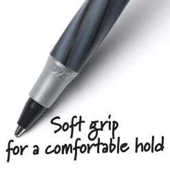 BIC Round Stic Grip Xtra Comfort Ballpoint Pens, Medium Point, 1.2 mm, Gray Barrel, Black Ink, Pack Of 12 Pens