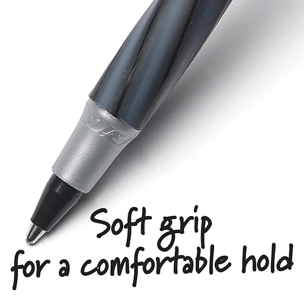 BIC Round Stic Grip Xtra Comfort Ballpoint Pens, Medium Point, 1.2 mm, Gray Barrel, Black Ink, Pack Of 12 Pens