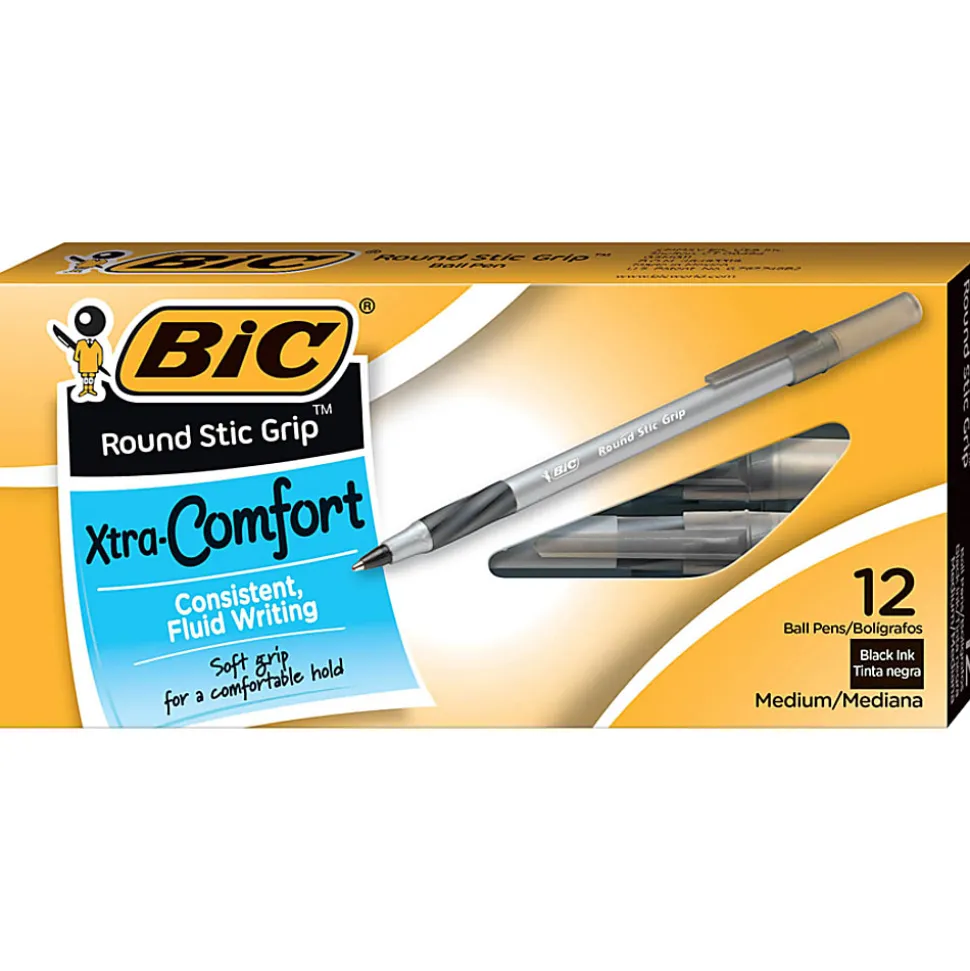 BIC Round Stic Grip Xtra Comfort Ballpoint Pens, Medium Point, 1.2 mm, Gray Barrel, Black Ink, Pack Of 12 Pens