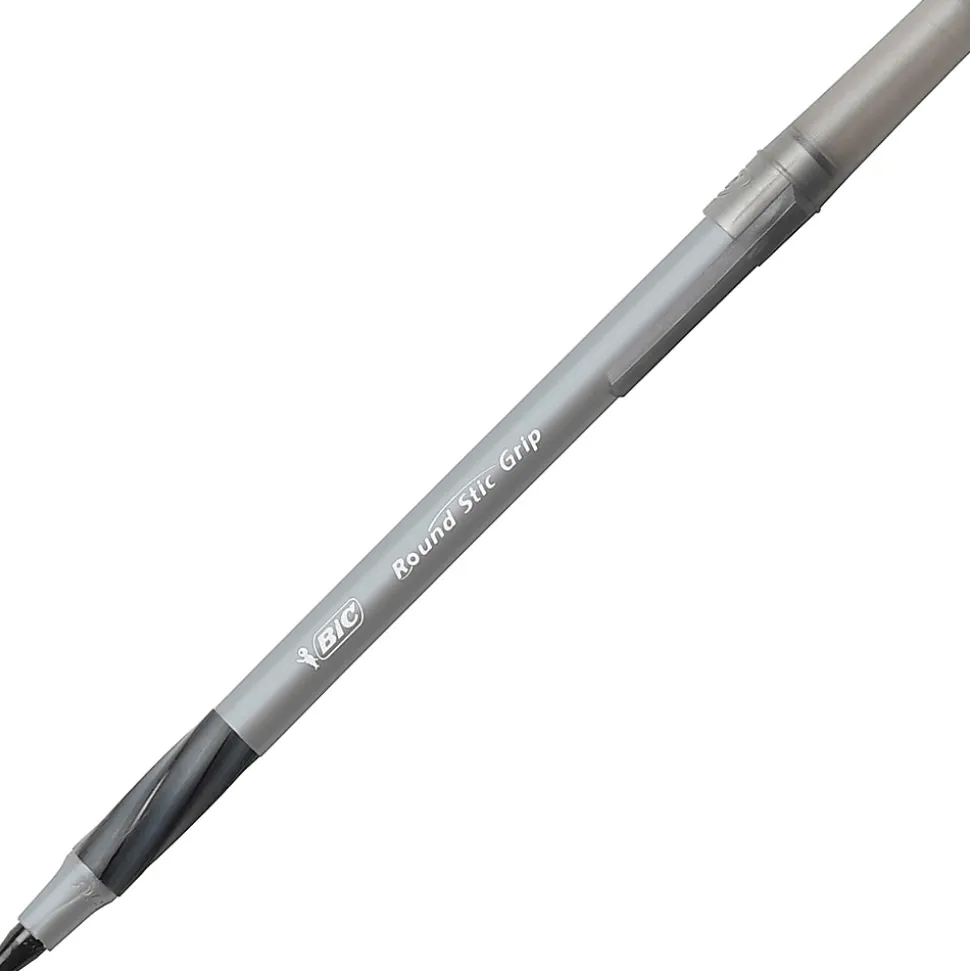 BIC Round Stic Grip Xtra Comfort Ballpoint Pens, Medium Point, 1.2 mm, Gray Barrel, Black Ink, Pack Of 12 Pens