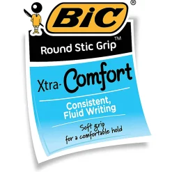 BIC Round Stic Grip Xtra Comfort Ballpoint Pens, Medium Point, 1.2 mm, Gray Barrel, Black Ink, Pack Of 12 Pens