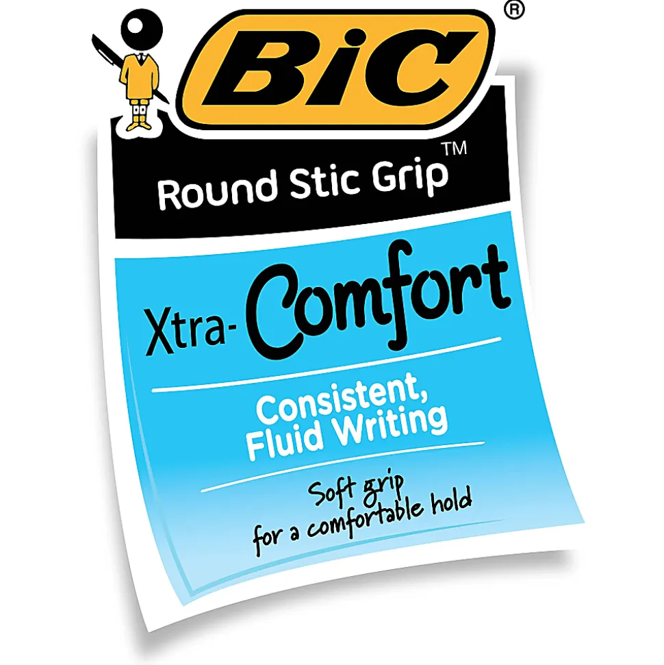 BIC Round Stic Grip Xtra Comfort Ballpoint Pens, Medium Point, 1.2 mm, Gray Barrel, Black Ink, Pack Of 12 Pens