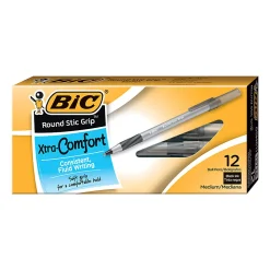 BIC® Round Stic Grip™ Xtra-Comfort Ballpoint Pens, Fine Point, 0.8 mm, Gray Barrel, Black Ink, Pack Of 12