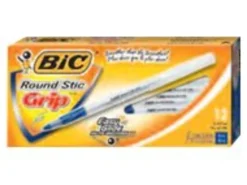 BIC® Round Stic Grip™ Xtra-Comfort Ballpoint Pens, Fine Point, 0.8 mm, Gray Barrel, Black Ink, Pack Of 12