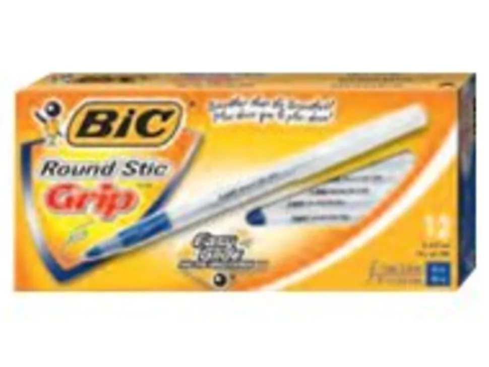 BIC® Round Stic Grip™ Xtra-Comfort Ballpoint Pens, Fine Point, 0.8 mm, Gray Barrel, Black Ink, Pack Of 12