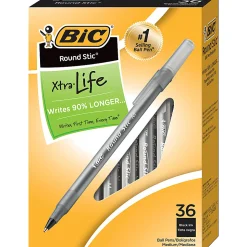 BIC Round Stic Xtra Life Ballpoint Pens, Medium Point, 1.0 mm, Translucent Barrel, Black Ink, Pack Of 36 Pens