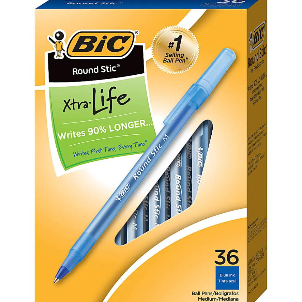 BIC Round Stic Xtra Life Ballpoint Pens, Medium Point, 1.0 mm, Translucent Barrel, Blue Ink, Pack Of 36 Pens