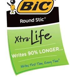BIC Round Stic Xtra Life Ballpoint Pens, Medium Point, 1.0 mm, Translucent Barrel, Blue Ink, Pack Of 36 Pens