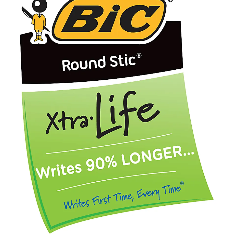 BIC Round Stic Xtra Life Ballpoint Pens, Medium Point, 1.0 mm, Translucent Barrel, Blue Ink, Pack Of 36 Pens