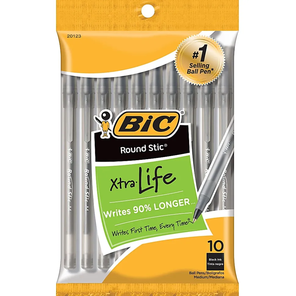 BIC Round Stic Xtra Life Ballpoint Pens, Medium Point, 1.0 mm, Translucent Black Barrels, Black Ink, Pack Of 10 Pens