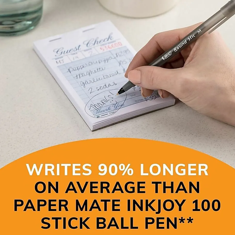 BIC Round Stic Xtra Life Ballpoint Pens, Medium Point, 1.0 mm, Translucent Black Barrels, Black Ink, Pack Of 10 Pens