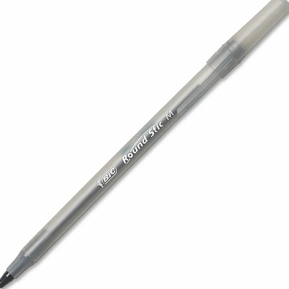 BIC Round Stic Xtra Life Ballpoint Pens, Medium Point, 1.0 mm, Translucent Black Barrels, Black Ink, Pack Of 10 Pens