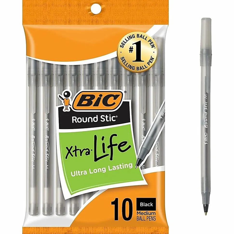 BIC Round Stic Xtra Life Ballpoint Pens, Medium Point, 1.0 mm, Translucent Black Barrels, Black Ink, Pack Of 10 Pens