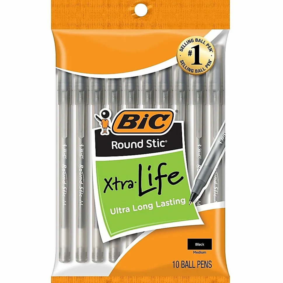 BIC Round Stic Xtra Life Ballpoint Pens, Medium Point, 1.0 mm, Translucent Black Barrels, Black Ink, Pack Of 10 Pens