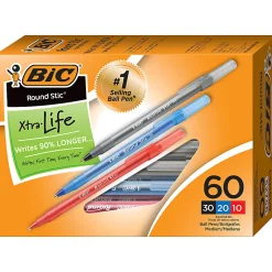 BIC Round Stic Xtra Life Ballpoint Pens, Medium Point, 1.0 mm, Assorted Colors, Pack Of 60 Pens