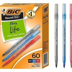 BIC Round Stic Xtra Life Ballpoint Pens, Medium Point, 1.0 mm, Assorted Colors, Pack Of 60 Pens