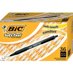 BIC Soft Feel Retractable Ballpoint Pens, Medium Point, 1.0 mm, Black Barrel, Black Ink, Pack Of 12 Pens