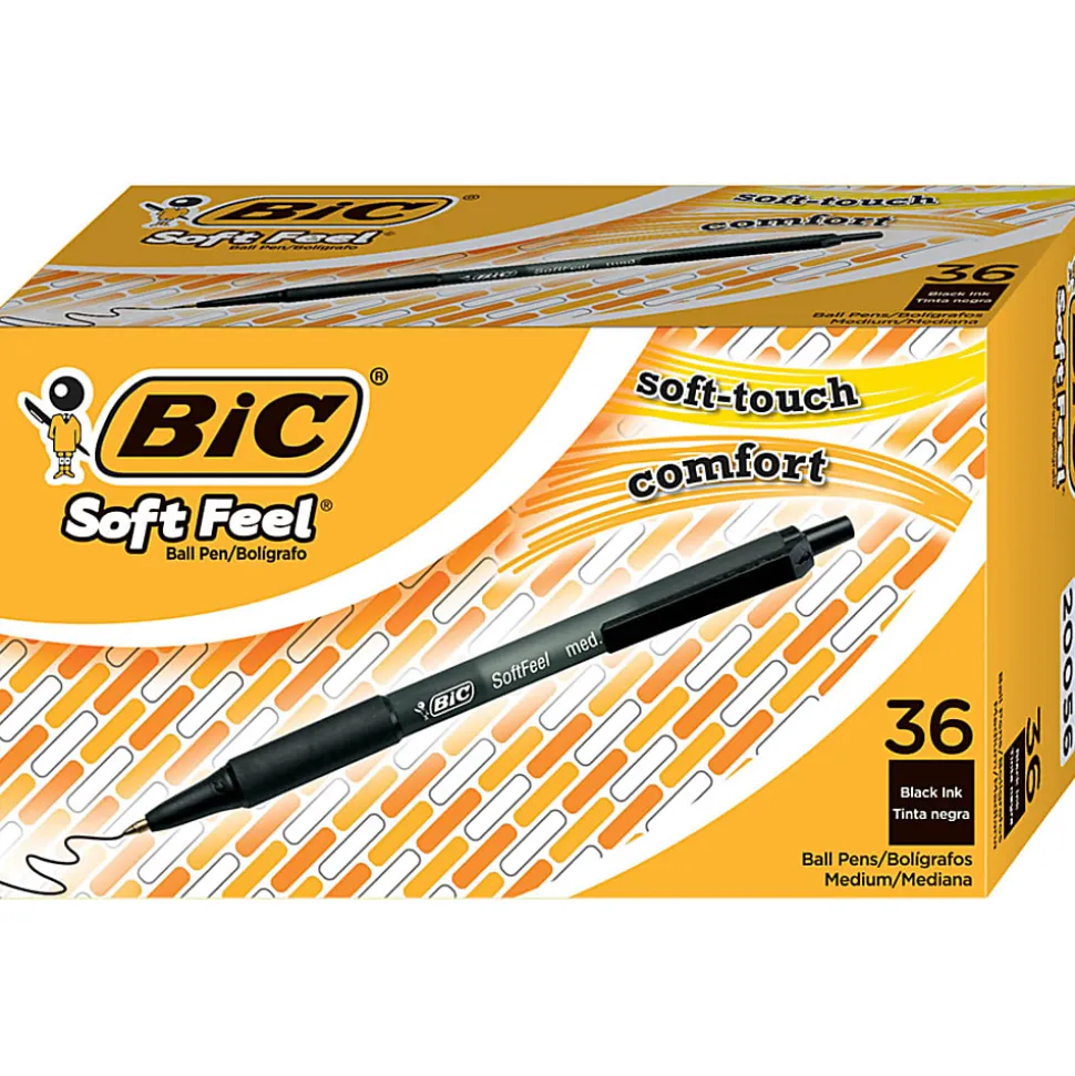BIC Soft Feel Retractable Ballpoint Pens, Medium Point, 1.0 mm, Black Barrel, Black Ink, Pack Of 12 Pens