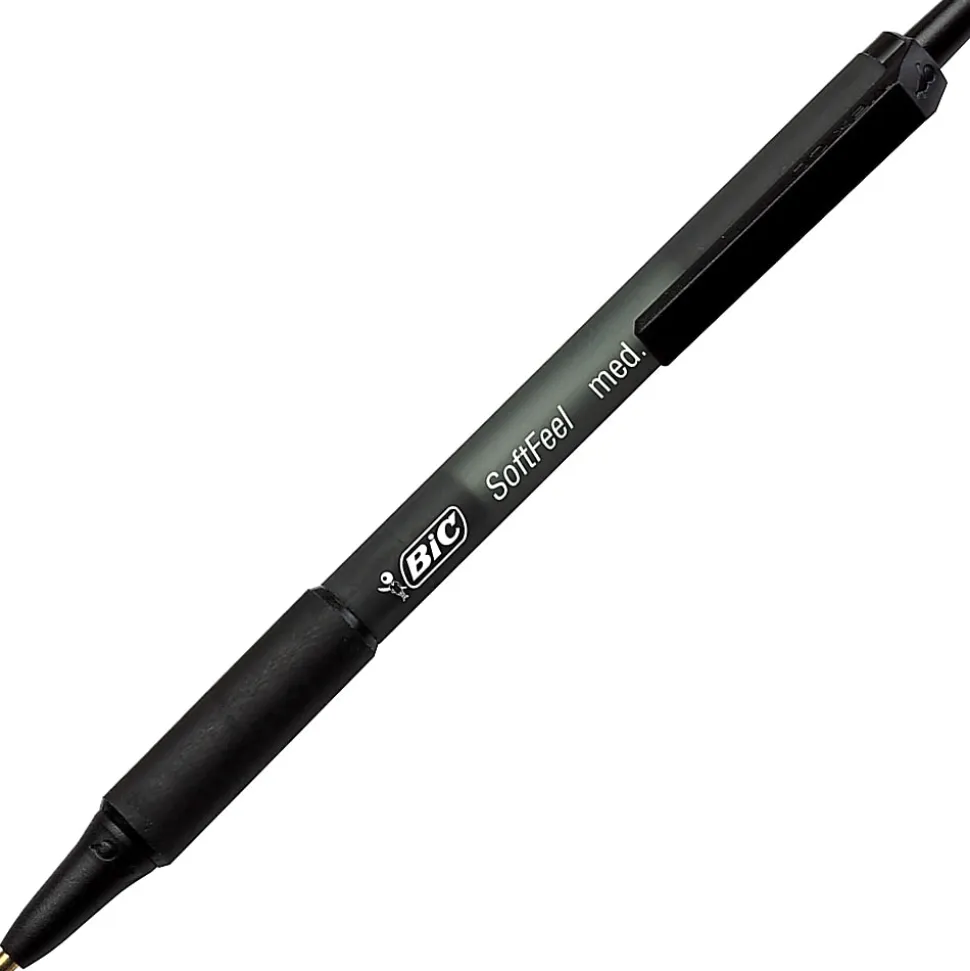 BIC Soft Feel Retractable Ballpoint Pens, Medium Point, 1.0 mm, Black Barrel, Black Ink, Pack Of 12 Pens