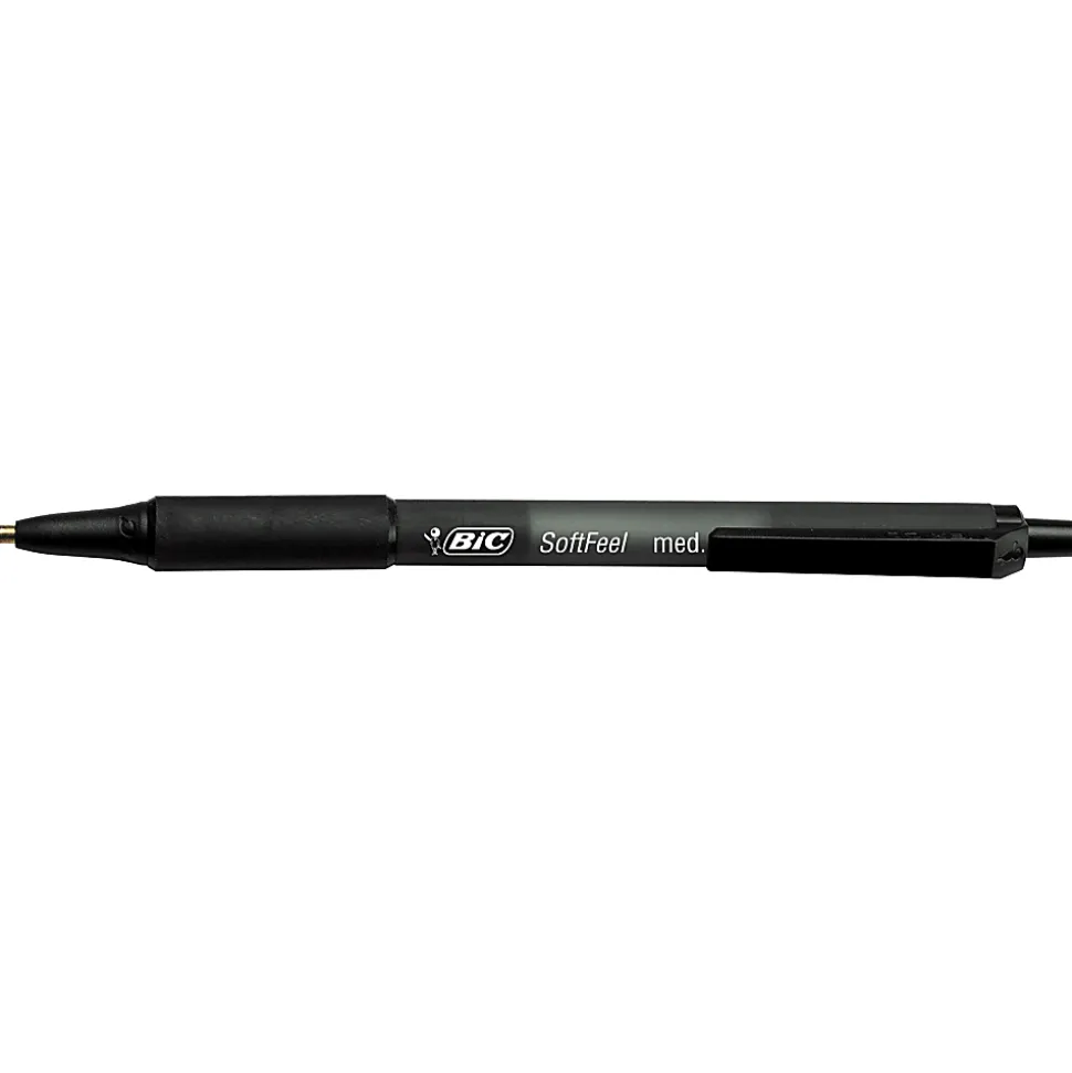 BIC Soft Feel Retractable Ballpoint Pens, Medium Point, 1.0 mm, Black Barrel, Black Ink, Pack Of 12 Pens